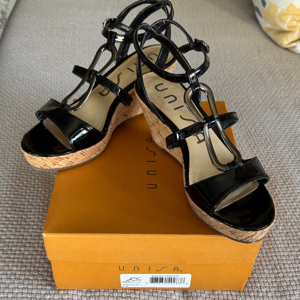 Unisa Glossy Black Wedge Sandals